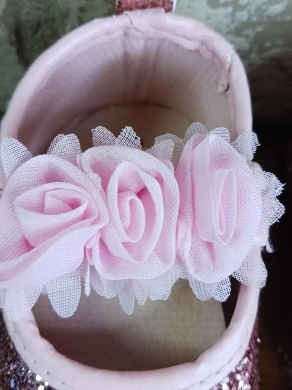 Little Girls Size 5 Mary Jane Shoes Pink Glitter Dress Shoes Chiffon Flower